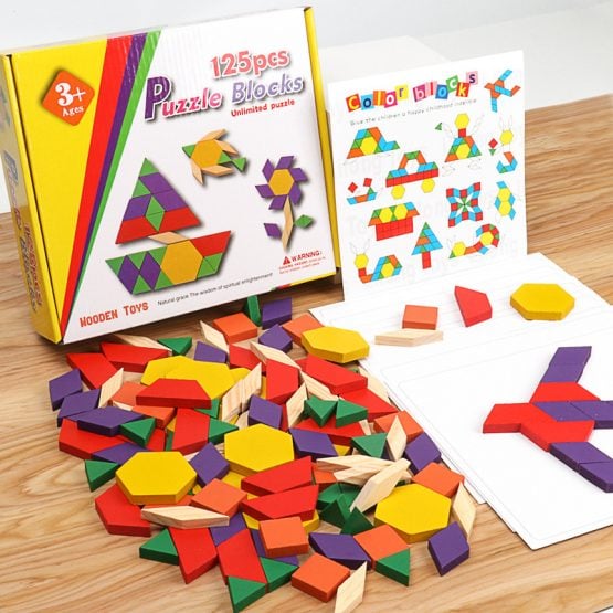 joc tangram 125 piese puzzle forme geometrice si figuri joc din lemn montessori si educativ1