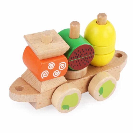 Trenulet din lemn de tras cuburi geometrice coloane fructe3 - HAM BEBE