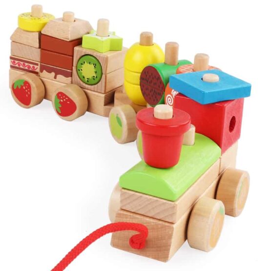 Trenulet din lemn de tras cuburi geometrice coloane fructe4 - HAM BEBE