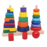 Piramida din lemn Montessori 3 in 1 Turnul Formelor - HAM BEBE