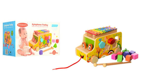 Jucarie de tras din lemn Autobuz cu xilofon si sortare forme Viviwood - HAM BEBE