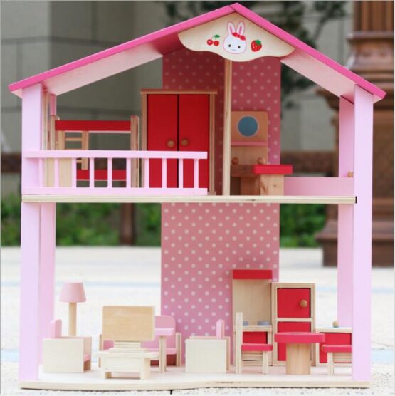 Casuta din lemn pentru papusi cu mobilier Pink - HAM BEBE