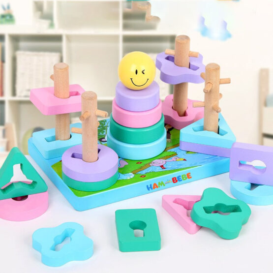 Sortator forme geometrice 2 in 1 Multifunction Stacking Muqiy - VARIANTA CU MOTRICA - HAM BEBE