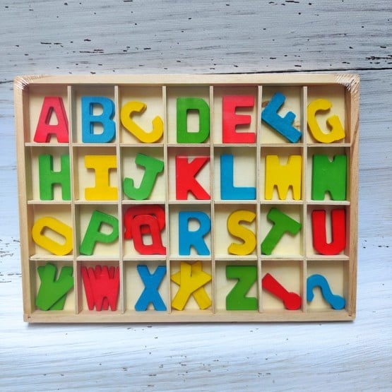 joc lemn alfabetul mobil litere in cutiuta