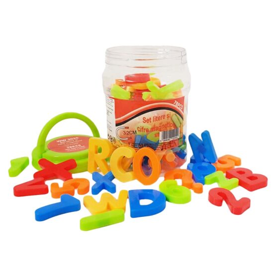 Set cifre si litere magnetice din plastic in borcanel 78 piese 4-Table si jocuri magnetice