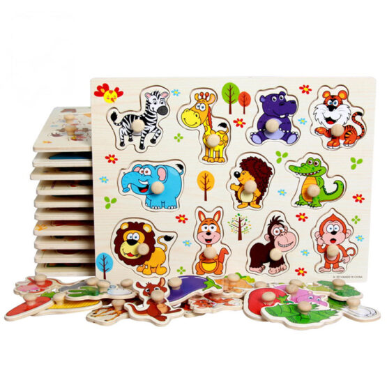 Puzzle din lemn incastru cu maner Animale Jungla Model A-3014 - HAM BEBE