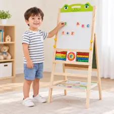 Tablă magnetică multifuncțională din lemn, Șevalet reglabil 2 în 1, cu abac, ceas și piese educative