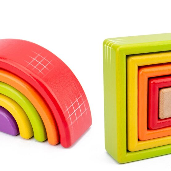 Cuburi stivuire din lemn Curcubeu si Forme Montessori - HAM BEBE