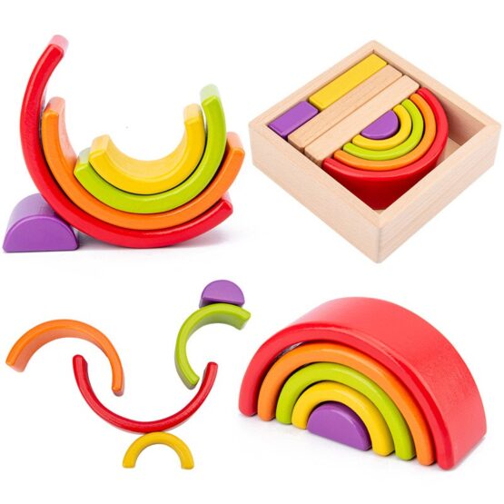 Cuburi stivuire din lemn Curcubeu si Forme Montessori - HAM BEBE