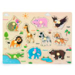 Puzzle din lemn cu maner Animale Jungla SY-S907