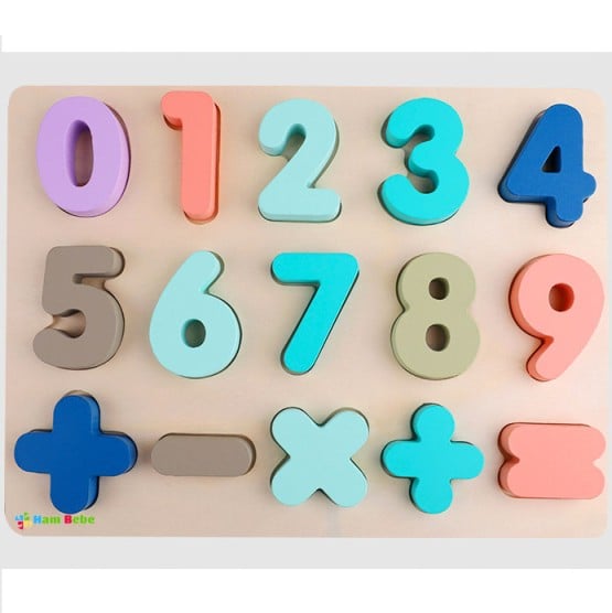 Puzzle 3D lemn cifre 0-9 si operatiuni Pastel
