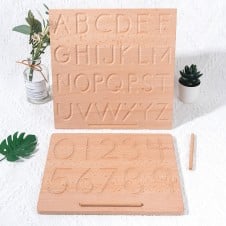 Placa lemn Montessori reversibila Trasare Litere si Cifre Wood Tracing Board