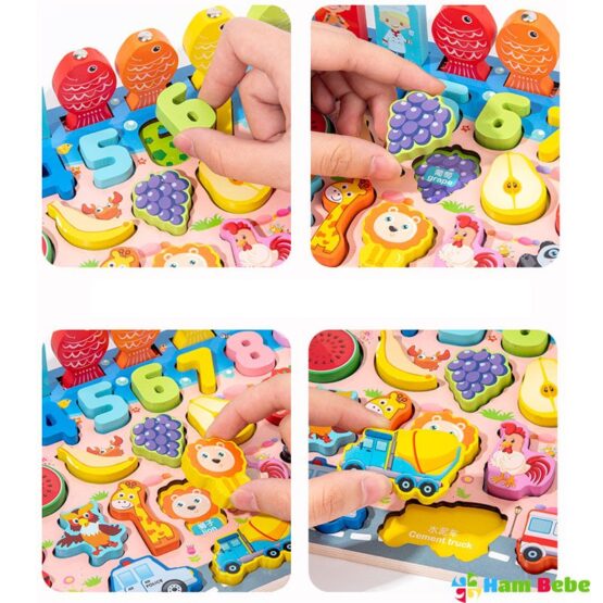 Joc din lemn cu activitati Puzzle si Pescuit Magnetic Happy World - HAM BEBE