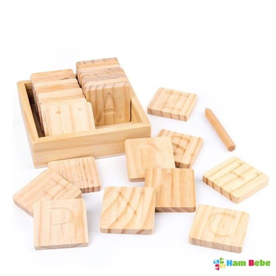 Alfabet Montessori din lemn Trasare litere Cutie cu placute