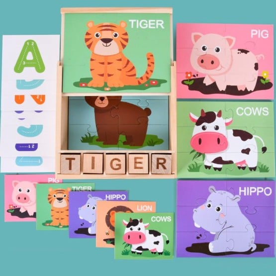 Cutie lemn Joc educativ cu Puzzle cu litere si formare cuvinte