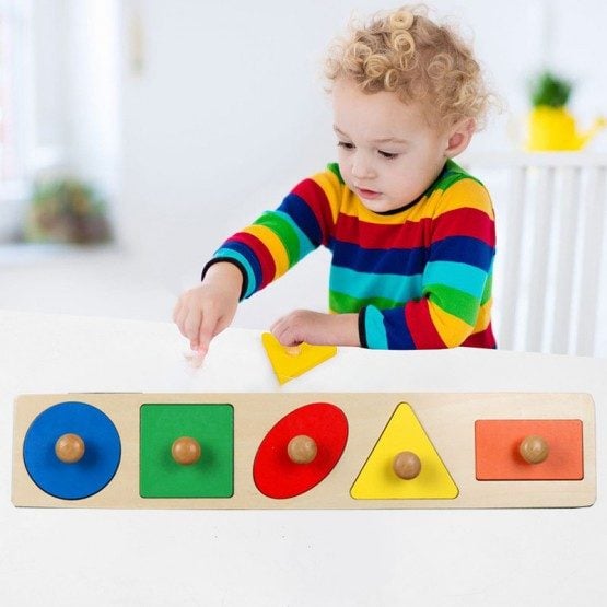 Puzzle montessori cu 5 forme geometrice piese mari cu butoni de lemn2-Jucarii din Lemn si Montessori