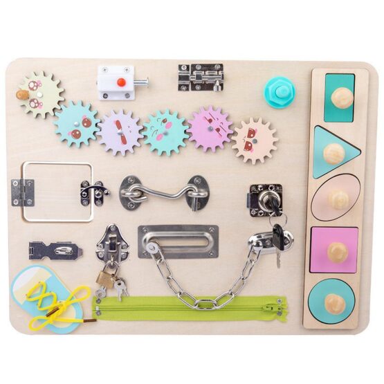 Busy board montessori placa cu activitati pastel 3-Jucarii din Lemn si Montessori