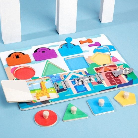 Placa activitati Montessori cu puzzle forme si joc incuietori