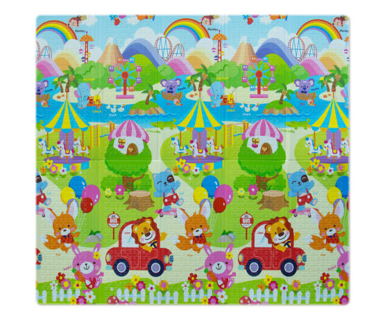 Covoras de joaca pliabil cu doua fete XPE 200x180 Girafe si Parc de distractii - HAM BEBE
