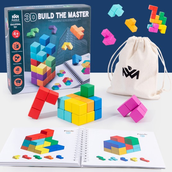joc logic cu cuburi din lemn tetris constructii 3D Build the master