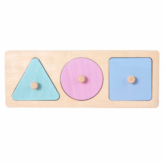 Puzzle montessori incastru cu butoni pastel 3 forme geometrice-Jucarii din Lemn si Montessori