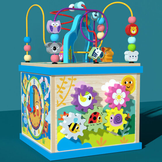 Cub din lemn educativ 5 in 1 activitati Moondog Blue Edu - HAM BEBE