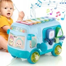 Autobuz jucarie interactiva muzicala cu lumini si sortare cu Xilofon Albastru