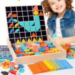 Tablita educativa cu joc mozaic cu betisoare Geometrie si Aritmetica - HAM BEBE