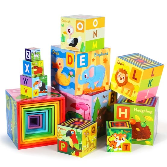 Set 10 cuburi din lemn Turn Montessori Alfabetul si Animalele - HAM BEBE