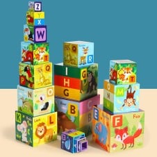 Set 10 cuburi din lemn Turn Montessori Alfabetul si Animalele - HAM BEBE