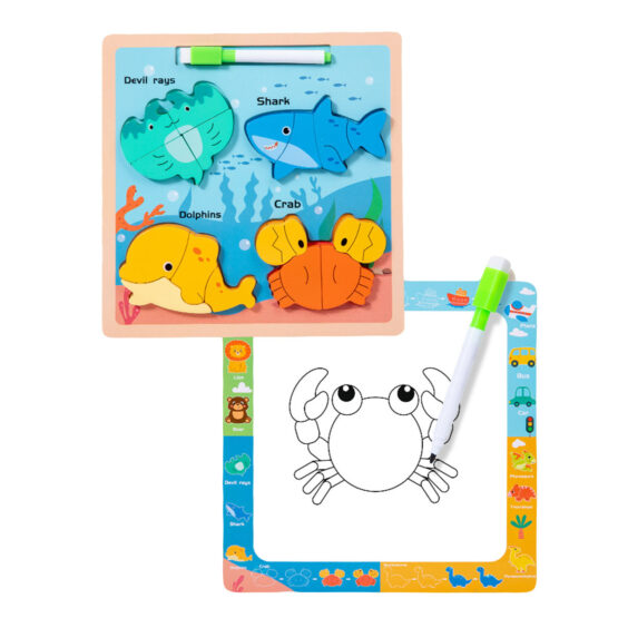 Puzzle din lemn cu piese groase si tablita desen cu marker Chunky - HAM BEBE