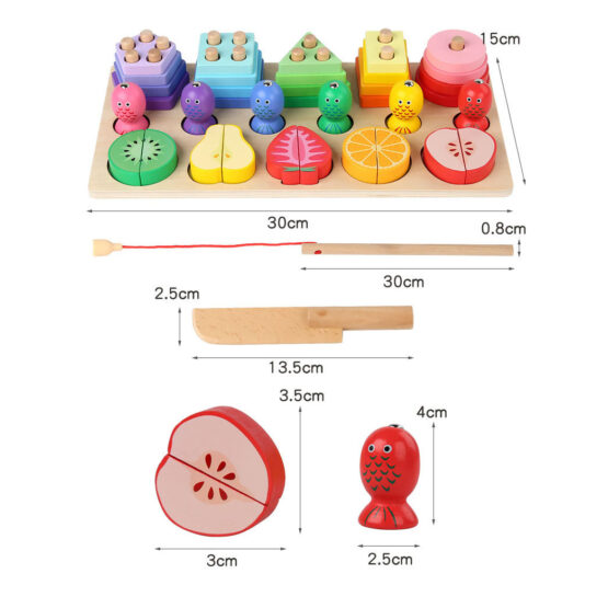 Joc educativ 3 in 1 Sortator forme pescuit si feliere fructe din lemn - HAM BEBE