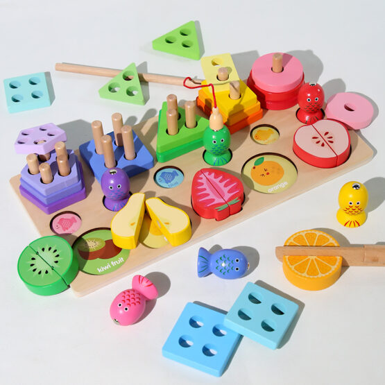 Joc educativ 3 in 1 Sortator forme pescuit si feliere fructe din lemn - HAM BEBE