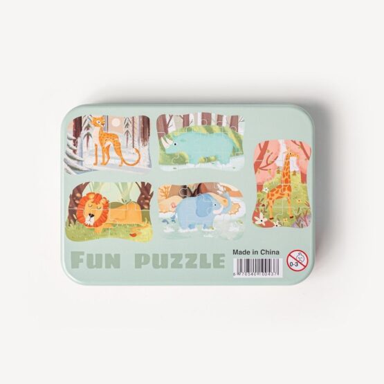 Cutiuta metalica cu 5 seturi puzzle cu piese mari din lemn Fun Puzzle Safari - HAM BEBE