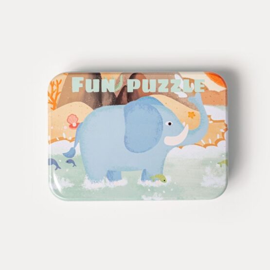 Cutiuta metalica cu 5 seturi puzzle cu piese mari din lemn Fun Puzzle Safari - HAM BEBE
