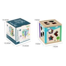 Cub educativ din lemn cu forme geometrice si joc snuruit Shape Matching 3