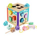 Cub educativ din lemn cu forme geometrice si joc snuruit Shape Matching