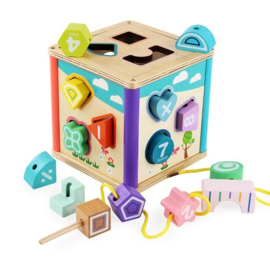 Cub educativ din lemn cu forme geometrice si joc snuruit Shape Matching