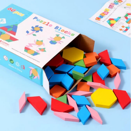 Joc tangram din lemn cu modele 60 piese 2-Jucarii din Lemn si Montessori