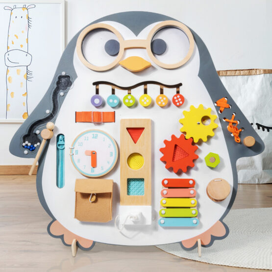 Placa activitati busy board 2 in 1 cu tabla desen pinguinul 2-Jucarii din Lemn si Montessori