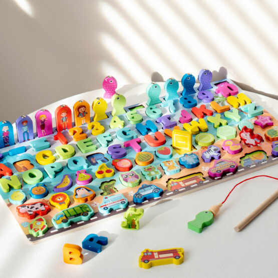 Puzzle magnetic de pescuit logaritmic cu cifre litere animale si fructe 8 in 1 2-Jucarii din Lemn si Montessori