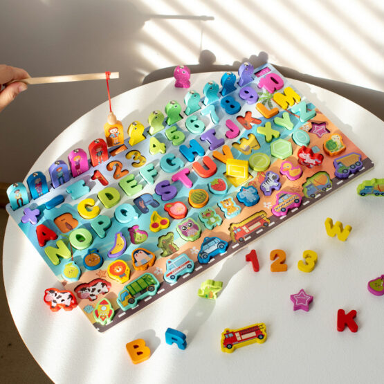 Puzzle magnetic de pescuit logaritmic cu cifre litere animale si fructe 8 in 1-Jucarii din Lemn si Montessori