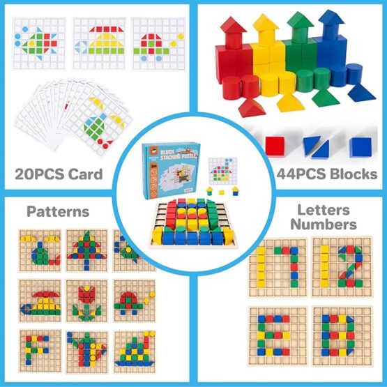 Mozaic cu forme geometrice cuburi colorate din lemn 3-Jucarii Creativitate