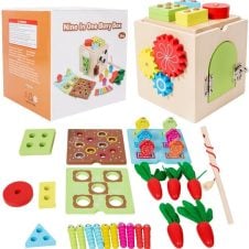 Cub educativ din lemn Montessori Busy Box 9 in 1