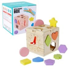 Cub educativ din lemn Sortator forme si ceas Intelligence Box