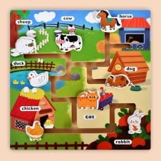 Puzzle labirint din lemn cu Animalele de la Ferma in engleza