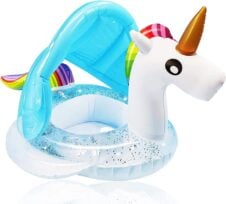 Colac gonflabil barcuta cu chilotel Unicorn Rainbow Alb cu sclipici si parasolar pentru bebe