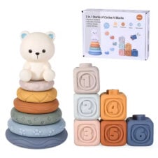 Set cuburi moi pentru bebe cu turn cu inele Urs Polar