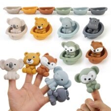 Set Figurine de deget din silicon jucarii de baie animalute cu barcuta Aquaventure Safari 12 piese