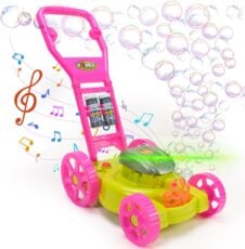 Masinuta de tuns iarba cu baloane de sapun, melodii si lumini Hand Push Bubble Mower Roz